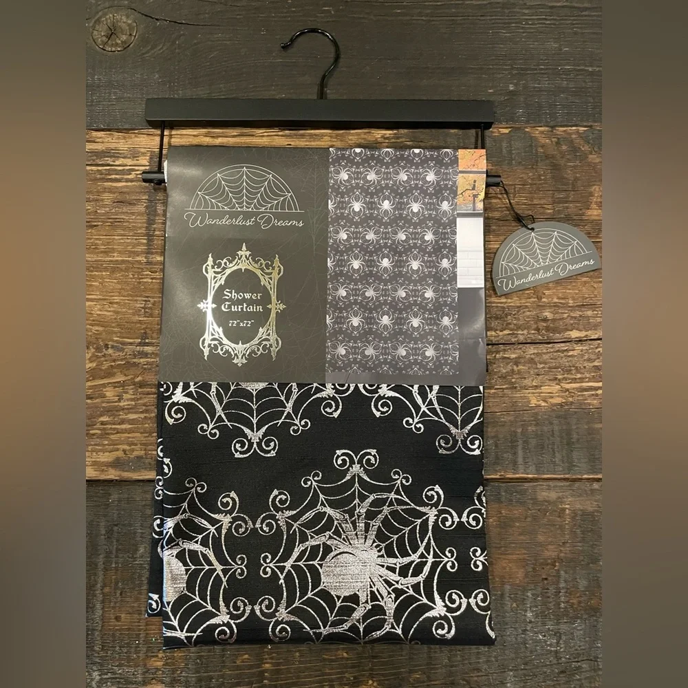 WANDERLUST DREAMS NWT Black W/Metallic Silver Spiders Halloween Shower Curtain